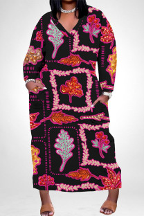 Black Street Geometric Print Faux Denim Print Distressed Pocket Contrast V Neck Printed Plus Size Dresses