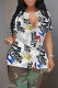 White Casual Geometric Print Letters Slit Contrast V Neck T-Shirts