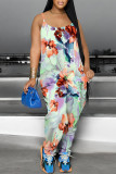 Light Green Casual Floral Print Pocket Contrast U Neck Loose Jumpsuits