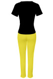 Yellow Casual Print Patchwork O Neck Short Sleeve Two Pieces