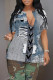 White Blue Casual Faux Denim Print Slit V Neck T-Shirts