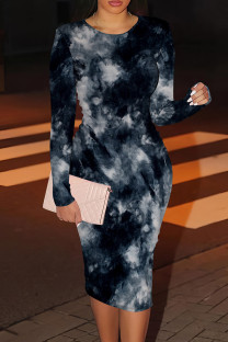 Dark Gray Casual Print Patchwork O Neck Wrapped Skirt Dresses