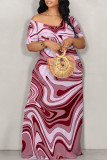 Red-brown Sexy Geometric Print Contrast V Neck Printed Dresses