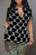 Black And White Casual Letter Print Slit Contrast V Neck T-Shirts