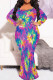 Purple Green Casual Print Patchwork O Neck Long Plus Size Dresses