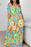 White Blue Sexy Graffiti Print Contrast V Neck Printed Dresses
