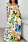 White Blue Sexy Graffiti Print Contrast V Neck Printed Dresses