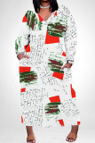 White Red Casual Floral Print Pocket Contrast V Neck Printed Plus Size Dresses