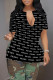 Black Daily Letter Print Slit Contrast V Neck T-Shirts