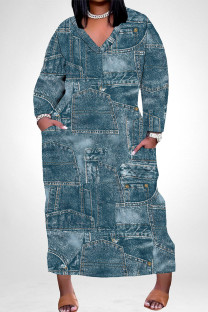 Navy Street Geometric Print Faux Denim Print Distressed Pocket Contrast V Neck Printed Plus Size Dresses