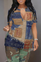 Blue Coffee Casual Faux Denim Print Slit V Neck T-Shirts