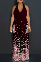 Burgundy Casual Plaid Polka Dot Heart Shaped Print Pocket Backless Halter Loose Jumpsuits