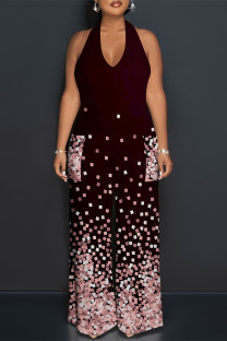 Burgundy Casual Plaid Polka Dot Heart Shaped Print Pocket Backless Halter Loose Jumpsuits