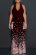 Burgundy Casual Plaid Polka Dot Heart Shaped Print Pocket Backless Halter Loose Jumpsuits