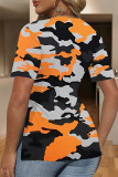 Army Green Casual Camouflage Print Slit Contrast V Neck T-Shirts