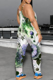 Light Green Casual Floral Print Pocket Contrast U Neck Loose Jumpsuits
