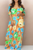 White Blue Sexy Graffiti Print Contrast V Neck Printed Dresses