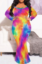 Purple Yellow Casual Print Patchwork O Neck Long Plus Size Dresses