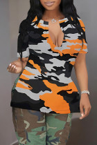 Orange Casual Camouflage Print Slit Contrast V Neck T-Shirts