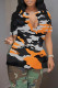 Orange Casual Camouflage Print Slit Contrast V Neck T-Shirts