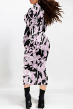 Light Blue Elegant Geometric Print Flowers Contrast Turtleneck Printed Dresses