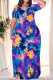 Blue Purple Casual Print Patchwork O Neck Long Plus Size Dresses