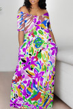 White Blue Sexy Graffiti Print Contrast V Neck Printed Dresses