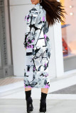 Light Blue Elegant Geometric Print Flowers Contrast Turtleneck Printed Dresses