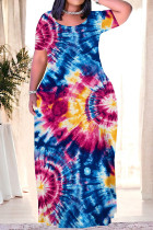 Blue Casual Print Patchwork O Neck Long Plus Size Dresses