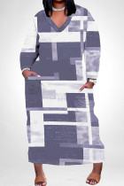 White Purple Street Geometric Print Faux Denim Print Distressed Pocket Contrast V Neck Printed Plus Size Dresses