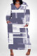 White Purple Street Geometric Print Faux Denim Print Distressed Pocket Contrast V Neck Printed Plus Size Dresses
