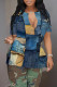 Blue Khaki Casual Faux Denim Print Slit V Neck T-Shirts