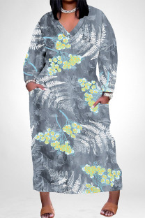 Grey Casual Floral Print Pocket Contrast V Neck Printed Plus Size Dresses