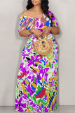White Blue Sexy Graffiti Print Contrast V Neck Printed Dresses