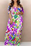 White Blue Sexy Graffiti Print Contrast V Neck Printed Dresses