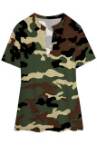 Army Green Casual Camouflage Print Slit Contrast V Neck T-Shirts