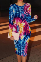 Blue Casual Print Patchwork O Neck Wrapped Skirt Dresses