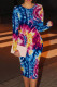 Blue Casual Print Patchwork O Neck Wrapped Skirt Dresses