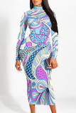 Light Blue Elegant Geometric Print Flowers Contrast Turtleneck Printed Dresses