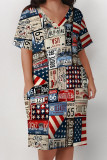 Black Casual American Flag Graffiti Print Stripe Pocket Contrast V Neck Printed Plus Size Dresses
