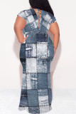 White Blue Sexy Faux Denim Print With Belt Contrast V Neck Printed Plus Size Dresses