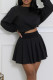 Black Casual Solid Color Pleated O Neck Long Sleeve Two Pieces