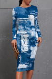 Baby Blue Casual Faux Denim Print Distressed Contrast O Neck Printed Dresses