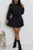 Apricot Casual Solid Color Pleated O Neck Long Sleeve Two Pieces