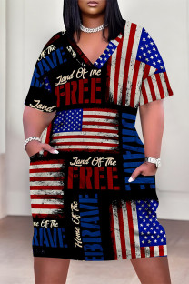 Blue Red Casual American Flag Graffiti Print Stripe Pocket Contrast V Neck Printed Plus Size Dresses