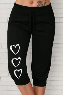 Black Casual Heart Shaped Draw String Patchwork Regular Mid Waist Positioning Print Bottoms