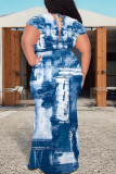 White Blue Sexy Faux Denim Print With Belt Contrast V Neck Printed Plus Size Dresses