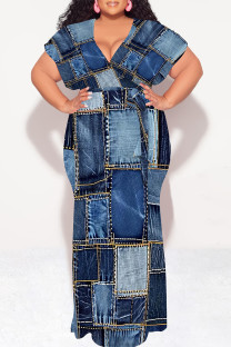 Dark Blue Sexy Faux Denim Print With Belt Contrast V Neck Printed Plus Size Dresses