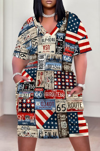 Multi-color Casual American Flag Graffiti Print Stripe Pocket Contrast V Neck Printed Plus Size Dresses