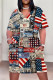 Multi-color Casual American Flag Graffiti Print Stripe Pocket Contrast V Neck Printed Plus Size Dresses